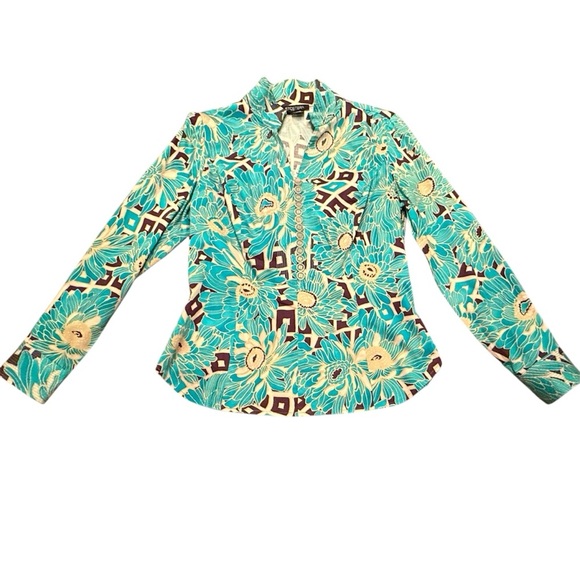 Carlisle Tops - Etcetera by Carlisle Teal/White Floral Long sleeve Button Blouse Size 12/Large